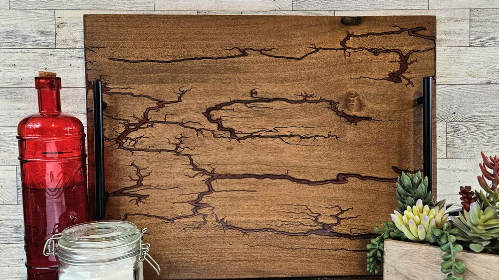 Red and Brown Fractal Wood Burning Large Serving Tray with R...