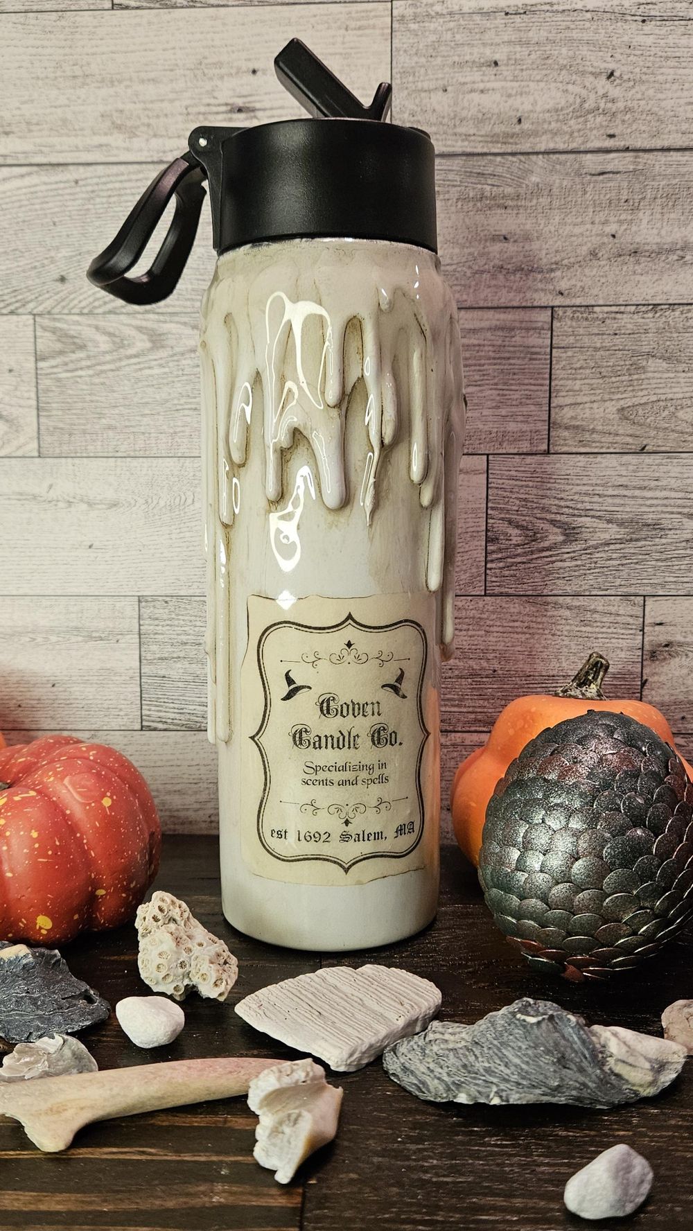 Black Flame Candle style water bottle, 22oz, Festive Hallowe...