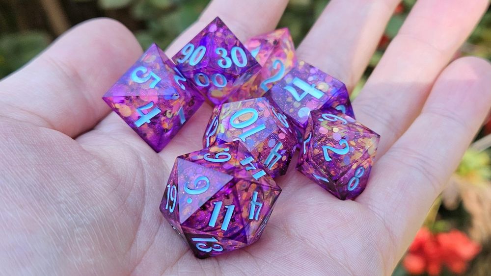 Celebrations polyhedral dice set of 7, confetti, purple and ...